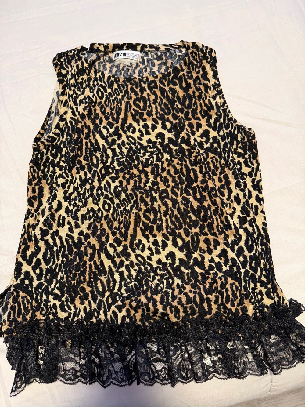 I.N. Studio Leopard Print Lace-Hem Tank Top - Tan & Black